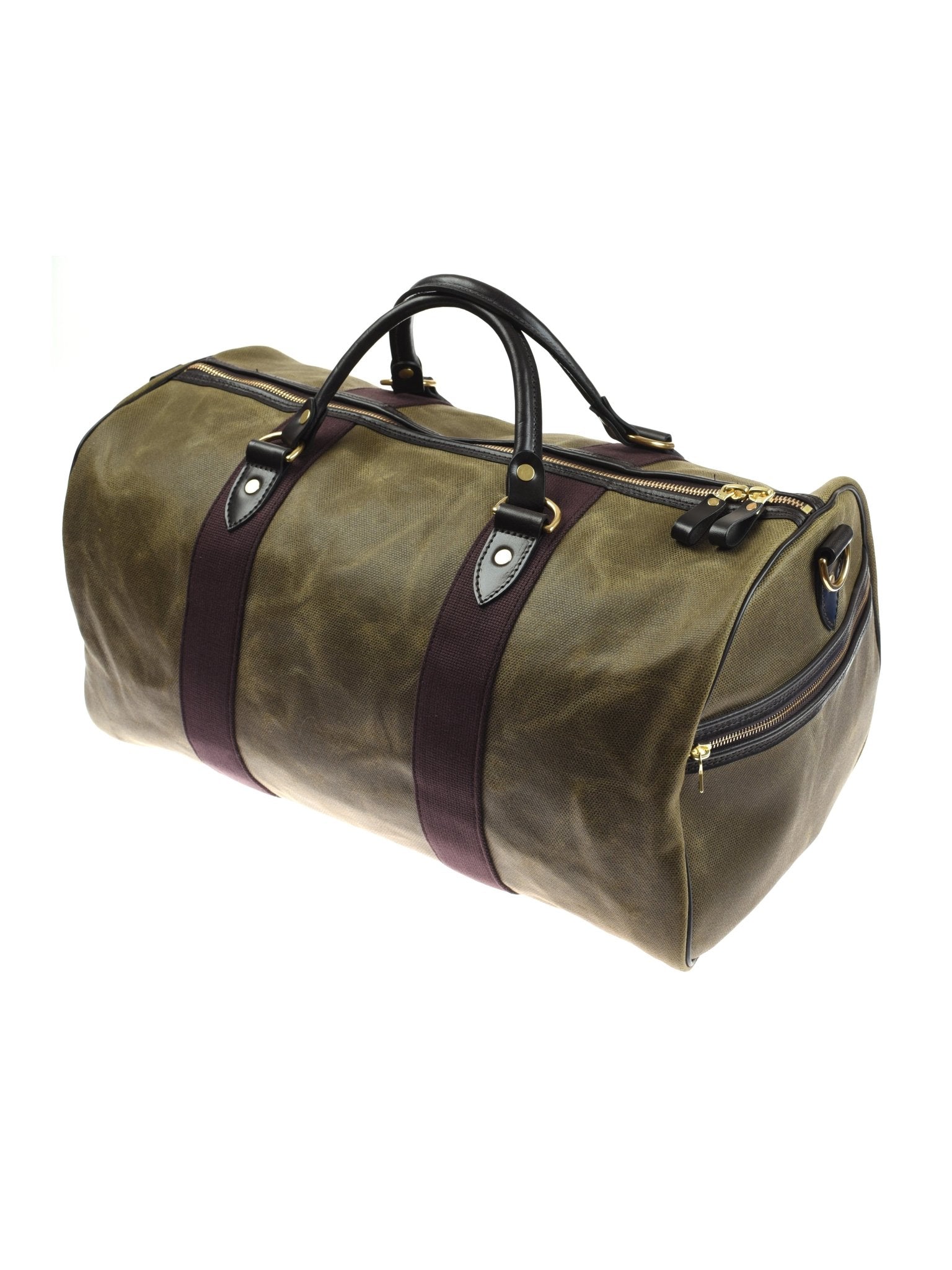 The Campbell's of Beauly Wax Holdall is a greenish-brown waxed canvas travel bag with dark brown straps, bridle leather handles, gold zippers and hardware, plus a small zippered side pocket—stylish and perfect for travel.