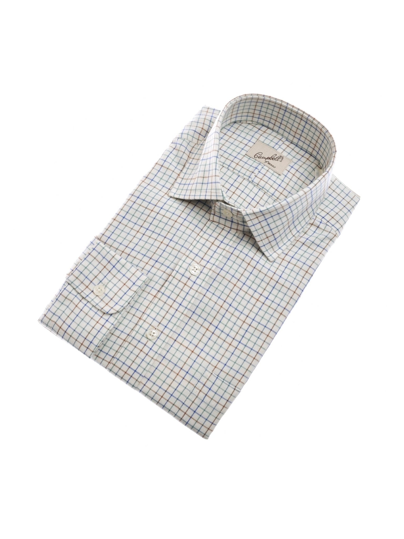 The Campbell's of Beauly Windowpane Shirt is a long-sleeve brushed cotton shirt with a white base and blue, yellow, and brown plaid check pattern, shown neatly folded on a white background.