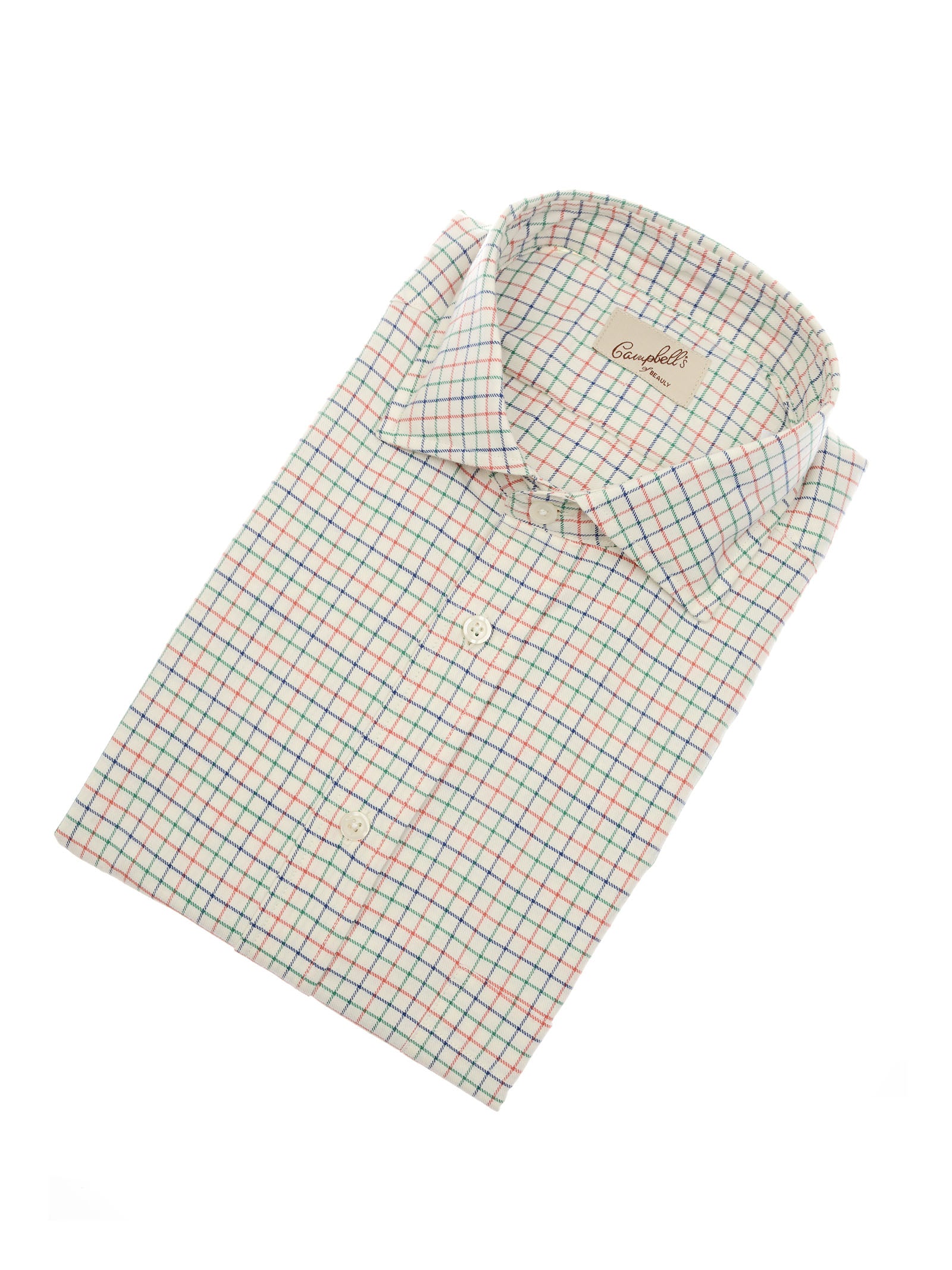A neatly folded Campbell’s of Beauly Windowpane Shirt, featuring long sleeves and a multicolored grid pattern on a white background, is displayed against a plain white surface.