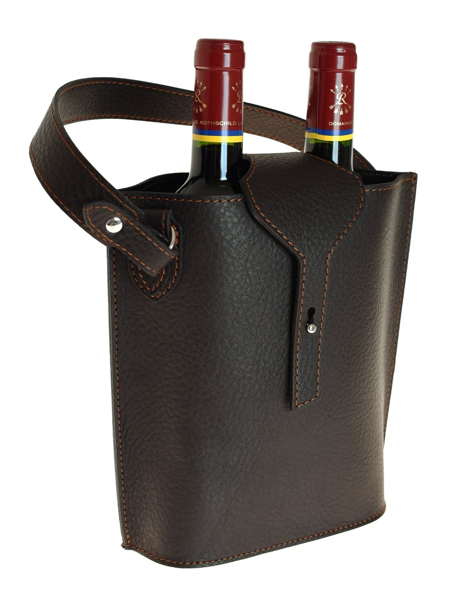 Two wine bottles in a Campbell’s of Beauly Two-Bottle Wine Carrier, crafted from brown leather with visible stitching and a sturdy handle, standing upright against a white background.