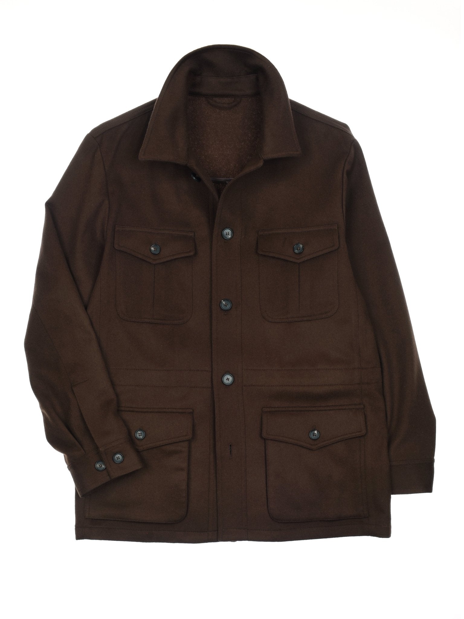 The Auld Stock Winter Aigas Field Jacket by Campbell’s of Beauly, a dark brown wool Italian field jacket with a collar, button closure, and four flap pockets, is shown laid flat on a white background.