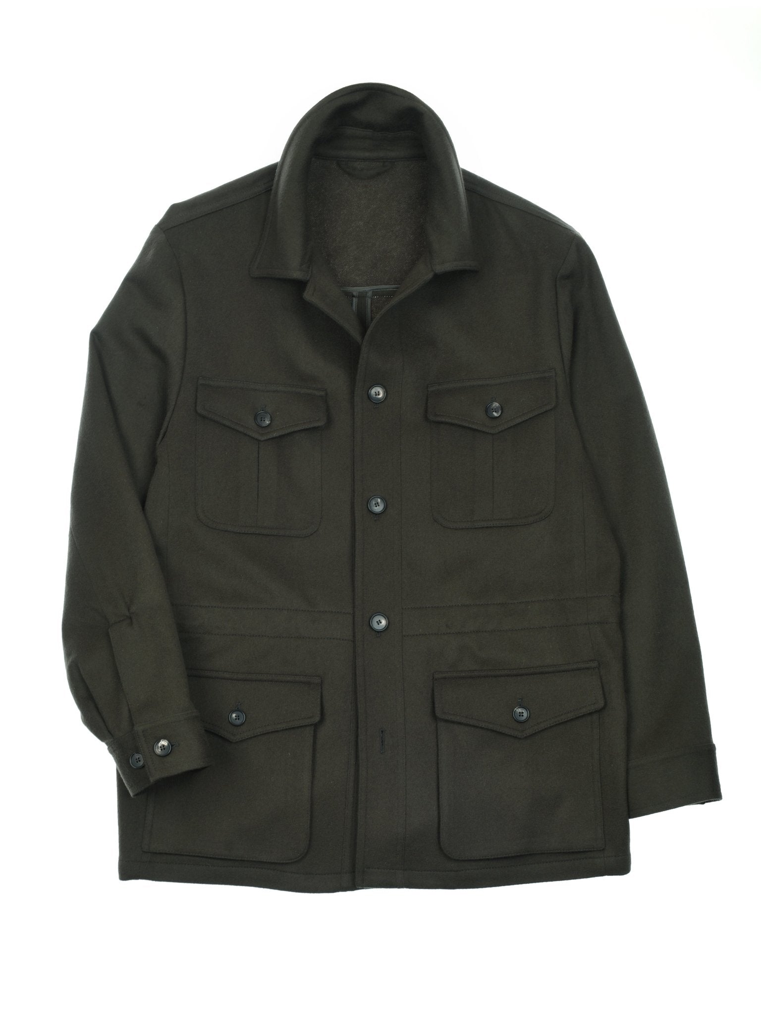 The Auld Stock Winter Aigas Field Jacket by Campbell's of Beauly, in dark olive green wool, features a collar, button-down front, and four flap pockets—two chest and two waist—shown flat on a white background.
