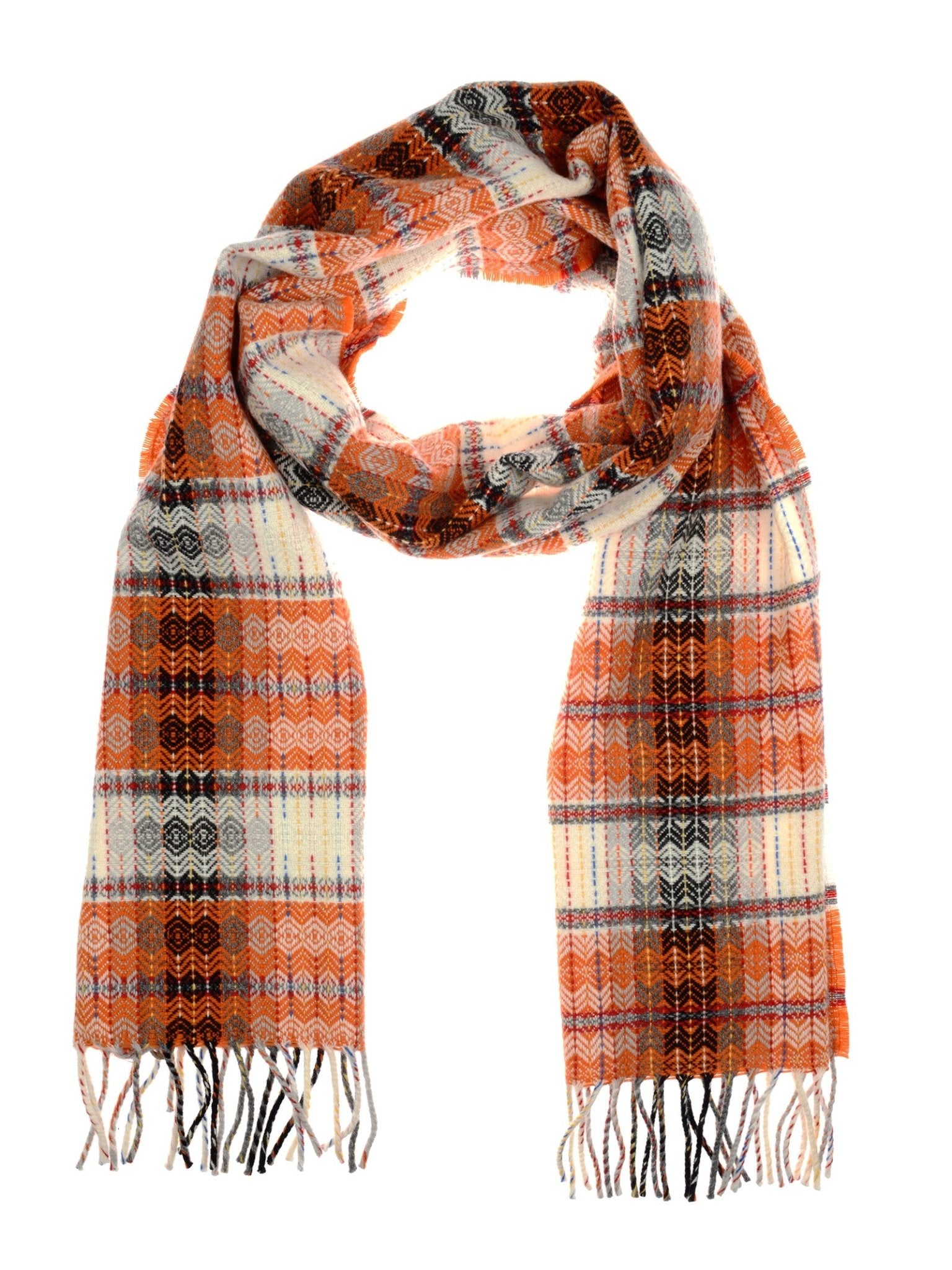 The Unisex Wyvis Lambswool Scarf by Campbell's of Beauly features an orange, white, and black plaid pattern with fringe ends. Crafted in Ireland, it's shown loosely folded on a white background.