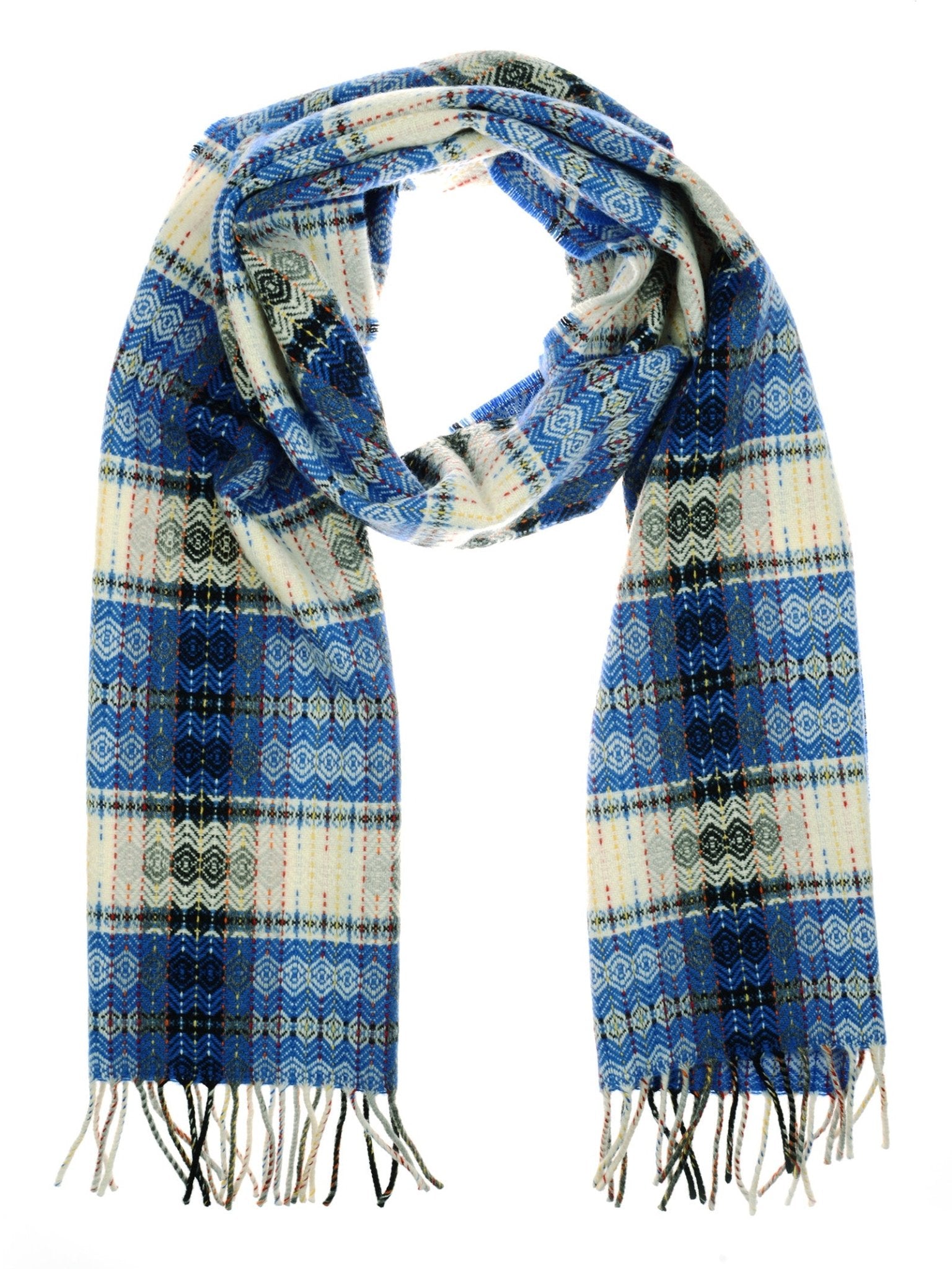 The Unisex Wyvis Lambswool Scarf by Campbell's of Beauly features blue and white plaid with geometric patterns and fringe, woven in Ireland, shown in a curved loop on a white background.